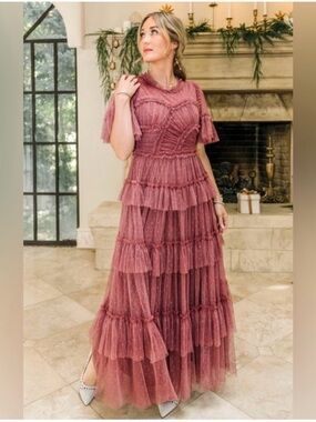 Ivy City Co Dusty Rose Tiered Tulle Maxi Dress
